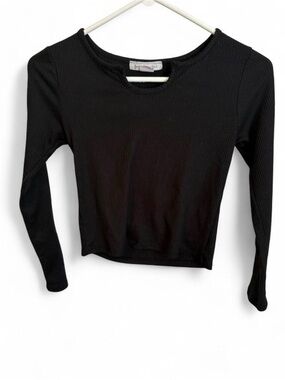 Girls' Black Ribbed Long-Sleeve Crew Tee